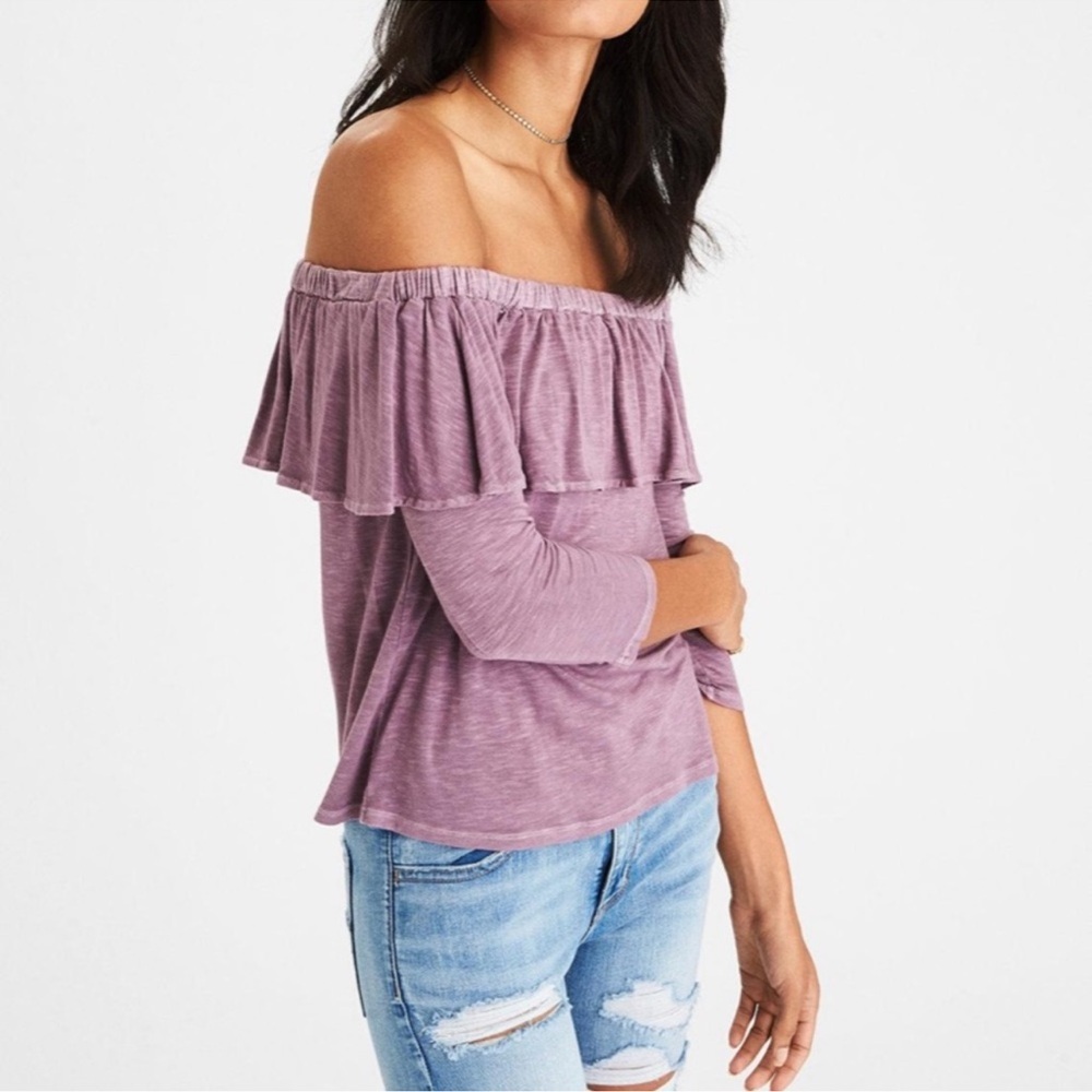 NWT American Eagle Outfitters Purple off the shoulder ruffled top Size Small